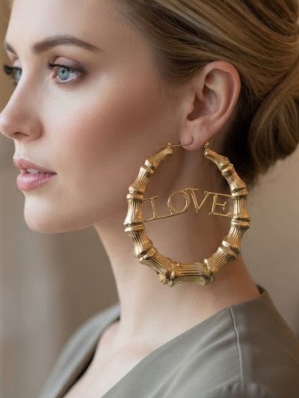 Gold 'LOVE' Bamboo Hoop Earrings - Women's Fashion Jewelry 7cm